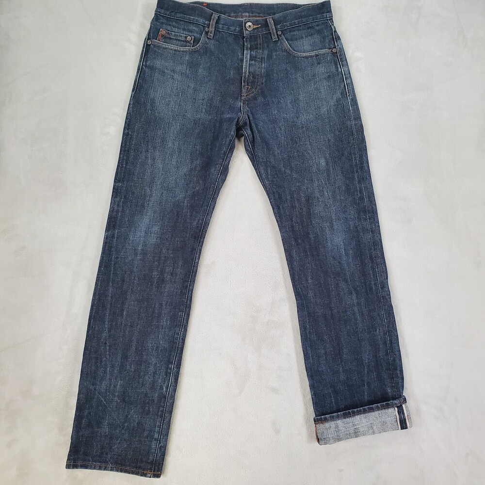 Hugo Boss Selvedge Jeans Mens 32x32 Regular Straight Raw Blue Denim Button Fly